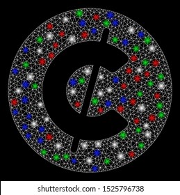 Bright mesh cent coin with glow effect. White wire frame polygonal mesh in vector format on a black background. Abstract 2d mesh created from polygonal grid, small circle, colorful flare spots.