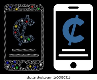 Bright mesh cent mobile payment icon with sparkle effect. Abstract illuminated model of cent mobile payment. Shiny wire frame polygonal mesh cent mobile payment icon.