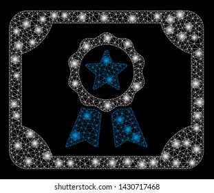 Bright mesh certificate with glare effect. Abstract illuminated model of certificate icon. Shiny wire frame polygonal mesh certificate. Vector abstraction on a black background.