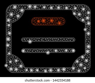 Bright mesh certificate with glare effect. Abstract illuminated model of certificate icon. Shiny wire carcass polygonal mesh certificate. Vector abstraction on a black background.