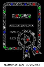 Bright mesh certificate with glow effect. White wire frame polygonal mesh in vector format on a black background. Abstract 2d mesh designed with polygonal grid, spheric points, colorful glare spots.