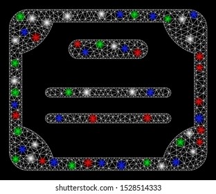 Bright mesh certificate with lightspot effect. White wire frame polygonal mesh in vector format on a black background. Abstract 2d mesh created from polygonal grid, points, colorful flash spots.