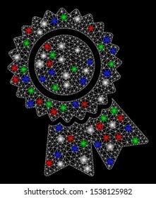 Bright mesh certification with glow effect. White wire carcass polygonal mesh in vector format on a black background. Abstract 2d mesh designed with triangular lines, points, colorful glare spots.