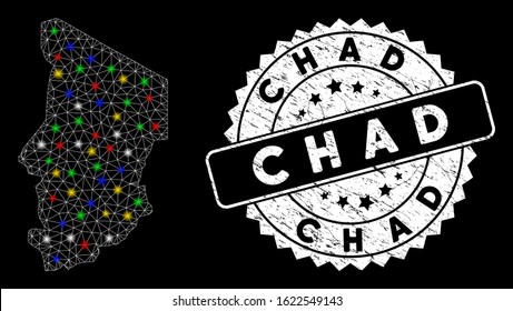 Bright mesh Chad map with lightspot effect, and rubber print. Wire frame polygonal Chad map mesh in vector format on a black background. White round rubber stamp with rubber surface.