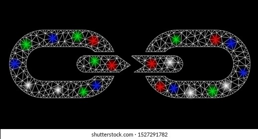 Bright mesh chain break with glow effect. White wire carcass polygonal mesh in vector format on a black background. Abstract 2d mesh built from polygonal grid, points, colorful light spots.