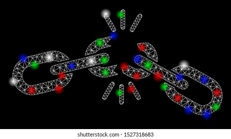 Bright mesh chain damage with glow effect. White wire carcass polygonal mesh in vector format on a black background. Abstract 2d mesh built from polygonal grid, dots, colorful flare spots.