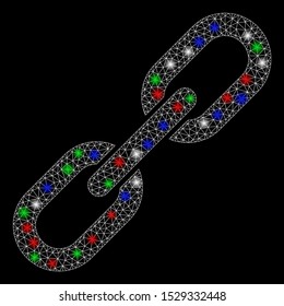 Bright mesh chain link with glow effect. White wire frame polygonal mesh in vector format on a black background. Abstract 2d mesh created from polygonal grid, round dots, colored glare spots.