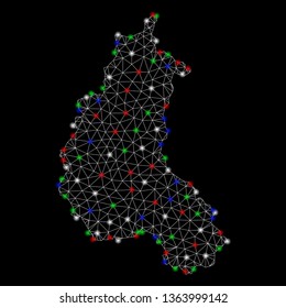 Bright mesh Champagne Province map with glow effect. Wire frame triangular mesh in vector format on a black background. Abstract 2d mesh created from triangular lines, small circle,
