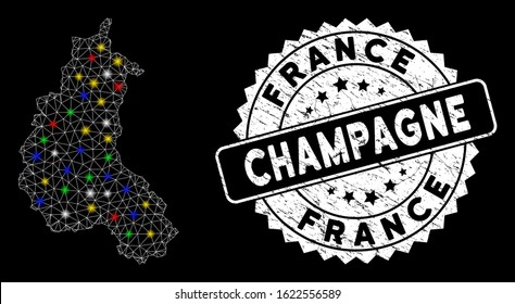Bright mesh Champagne Province map with lightspot effect, and seal stamp. Wire carcass triangular Champagne Province map mesh in vector format on a black background.
