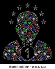 Bright mesh champion with glare effect. White wire carcass triangular mesh in vector format on a black background. Abstract 2d mesh created from triangular lines, round dots, colored glare spots.