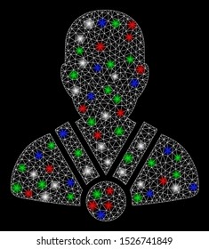 Bright mesh champion with glow effect. White wire frame triangular mesh in vector format on a black background. Abstract 2d mesh designed with triangular lines, dots, colorful flare spots.