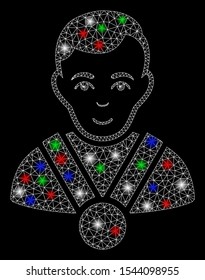 Bright mesh champion with glow effect. White wire frame triangular network in vector format on a black background. Abstract 2d mesh designed with triangular lines, round dots, colored light spots.