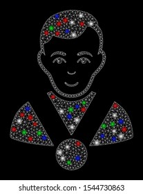Bright mesh champion with glow effect. White wire carcass polygonal mesh in vector format on a black background. Abstract 2d mesh designed with triangles, points, colorful flash spots.
