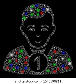 Bright mesh champion with lightspot effect. White wire carcass triangular mesh in vector format on a black background. Abstract 2d mesh designed with triangular lines, small circle,