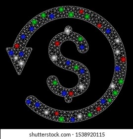 Bright mesh chargeback with lightspot effect. White wire frame polygonal mesh in vector format on a black background. Abstract 2d mesh designed with polygonal grid, points, colorful light spots.