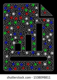 Bright mesh chart page with lightspot effect. White wire carcass triangular mesh in vector format on a black background. Abstract 2d mesh designed with triangular lines, dots, colorful flare spots.