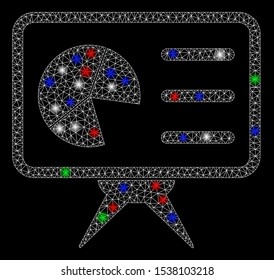 Bright mesh chart presentation board with glare effect. White wire carcass polygonal mesh in vector format on a black background. Abstract 2d mesh created from polygonal grid, small circle,