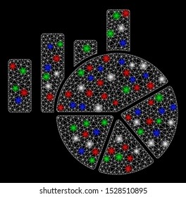 Bright mesh charts with lightspot effect. White wire carcass triangular mesh in vector format on a black background. Abstract 2d mesh designed with polygonal grid, points, colored glare spots.