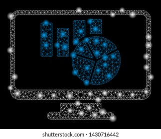 Bright mesh charts monitoring with glare effect. Abstract illuminated model of charts monitoring icon. Shiny wire frame polygonal mesh charts monitoring. Vector abstraction on a black background.