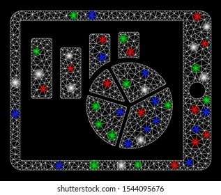 Bright mesh charts on PDA with glare effect. White wire frame triangular network in vector format on a black background. Abstract 2d mesh built from triangular lines, points, colorful glare spots.
