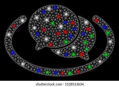 Bright mesh chat with glare effect. White wire frame polygonal mesh in vector format on a black background. Abstract 2d mesh designed with polygonal grid, dots, colored light spots.