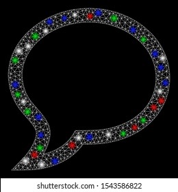 Bright mesh chat with glare effect. White wire frame polygonal mesh in vector format on a black background. Abstract 2d mesh designed with polygonal grid, points, colorful light spots.