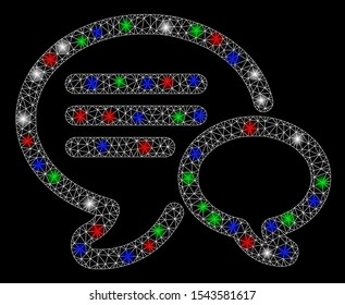 Bright mesh chat with glow effect. White wire carcass triangular network in vector format on a black background. Abstract 2d mesh designed with triangular lines, points, colored light spots.