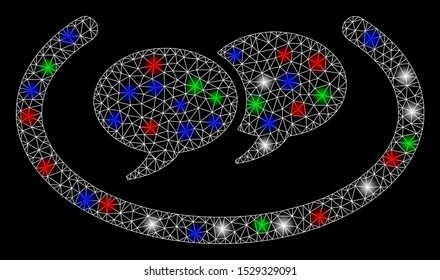 Bright mesh chat messages with lightspot effect. White wire frame polygonal mesh in vector format on a black background. Abstract 2d mesh created from polygonal grid, small circle,