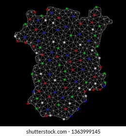 Bright mesh Chechnya map with glow effect. Wire frame triangular mesh in vector format on a black background. Abstract 2d mesh designed with triangular lines, points, colored flash spots.