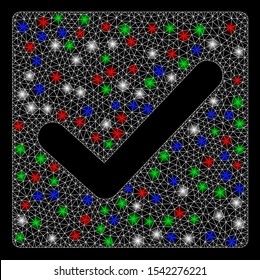 Bright mesh check with glare effect. White wire carcass polygonal mesh in vector format on a black background. Abstract 2d mesh created from polygonal grid, small circle, colorful light spots.