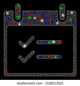 Bright mesh check items calendar day with glow effect. White wire carcass triangular mesh in vector format on a black background. Abstract 2d mesh designed with triangular lines, dots,