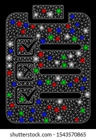 Bright mesh check list with glow effect. White wire carcass triangular mesh in vector format on a black background. Abstract 2d mesh created from triangular lines, dots, colorful light spots.