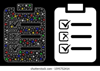 Bright mesh check list icon with sparkle effect. Abstract illuminated model of check list. Shiny wire frame polygonal mesh check list icon. Vector abstraction on a black background.