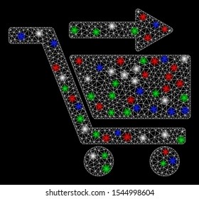 Bright mesh check out cart with lightspot effect. White wire frame triangular network in vector format on a black background. Abstract 2d mesh designed with triangular lines, small circle,