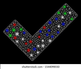 Bright mesh check tick with lightspot effect. White wire carcass polygonal mesh in vector format on a black background. Abstract 2d mesh designed with triangular lines, round dots,
