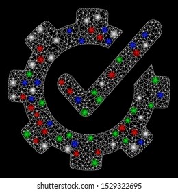 Bright mesh checking asistance with glow effect. White wire frame triangular mesh in vector format on a black background. Abstract 2d mesh built from triangular lines, dots, colored glare spots.