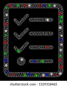 Bright mesh checklist with glow effect. White wire carcass triangular mesh in vector format on a black background. Abstract 2d mesh built from triangular lines, points, colorful light spots.