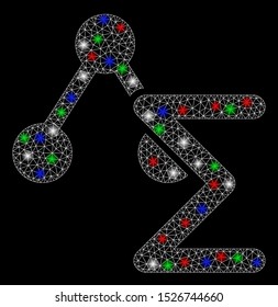 Bright mesh chemical formula with glare effect. White wire frame triangular network in vector format on a black background. Abstract 2d mesh designed with triangular lines, round dots,