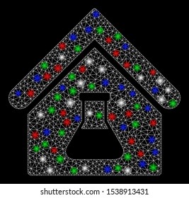 Bright mesh chemical labs building with lightspot effect. White wire frame polygonal mesh in vector format on a black background. Abstract 2d mesh designed with polygonal grid, round dots,