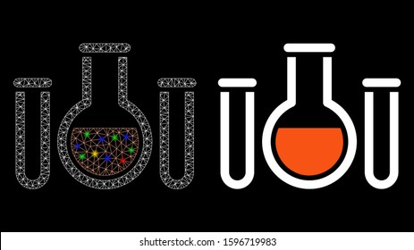 Bright mesh chemical vessels icon with glow effect. Abstract illuminated model of chemical vessels. Shiny wire carcass polygonal mesh chemical vessels icon. Vector abstraction on a black background.