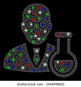 Bright mesh chemist with glare effect. White wire carcass polygonal mesh in vector format on a black background. Abstract 2d mesh designed with polygonal grid, spheric points, colored flash spots.
