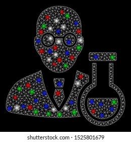Bright mesh chemist with glow effect. White wire frame polygonal mesh in vector format on a black background. Abstract 2d mesh created from polygonal grid, round dots, colorful light spots.