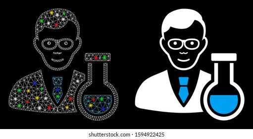 Bright mesh chemist icon with glow effect. Abstract illuminated model of chemist. Shiny wire carcass triangular mesh chemist icon. Vector abstraction on a black background.