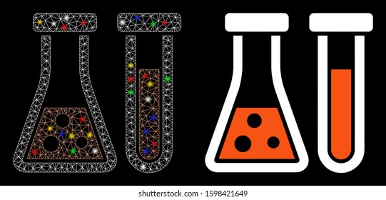 Bright mesh chemistry icon with glare effect. Abstract illuminated model of chemistry. Shiny wire frame triangular mesh chemistry icon. Vector abstraction on a black background.
