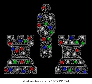 Bright mesh chess strategy with glare effect. White wire carcass polygonal mesh in vector format on a black background. Abstract 2d mesh designed with polygonal grid, points, colored light spots.