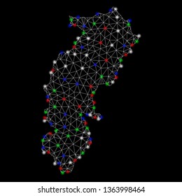 Bright mesh Chhattisgarh State map with glow effect. Wire frame triangular mesh in vector format on a black background. Abstract 2d mesh designed with triangular lines, round dots,
