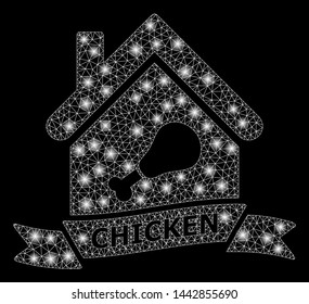 Bright mesh chicken cafe with lightspot effect. Abstract illuminated model of chicken cafe icon. Shiny wire frame triangular mesh chicken cafe. Vector abstraction on a black background.