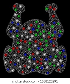 Bright mesh chicken with glare effect. White wire carcass triangular network in vector format on a black background. Abstract 2d mesh designed with polygonal grid, dots, colored glare spots.