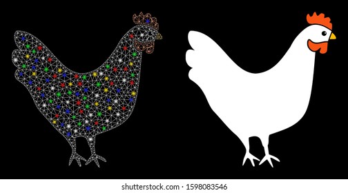 Bright mesh chicken icon with sparkle effect. Abstract illuminated model of chicken. Shiny wire carcass polygonal mesh chicken icon. Vector abstraction on a black background.