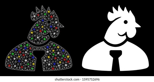 Bright mesh chicken man icon with glare effect. Abstract illuminated model of chicken man. Shiny wire frame triangular mesh chicken man icon. Vector abstraction on a black background.